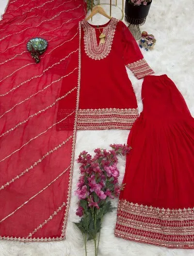 Red Georgette Designer Sequence Work Sharara Suit Set