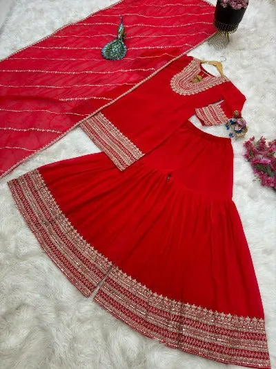 Red Georgette Designer Sequence Work Sharara Suit Set