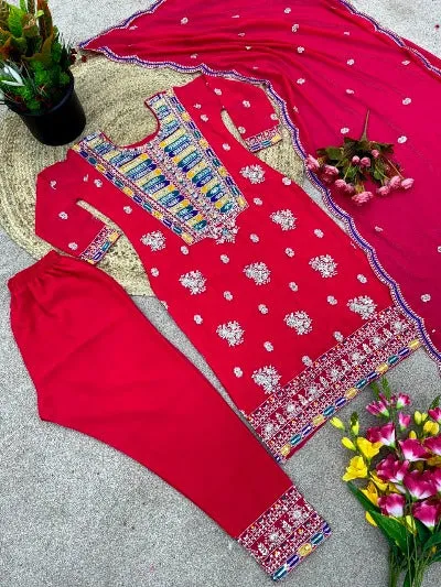 Red Georgette Thread Embroidered Sequenced Straight Suit Set