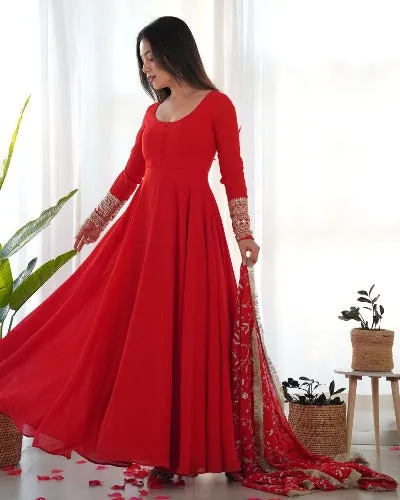 Red Pure Soft Georgette Sequence & Zari Work Anarkali Suit Set