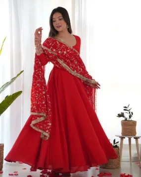 Red Pure Soft Georgette Sequence & Zari Work Anarkali Suit Set