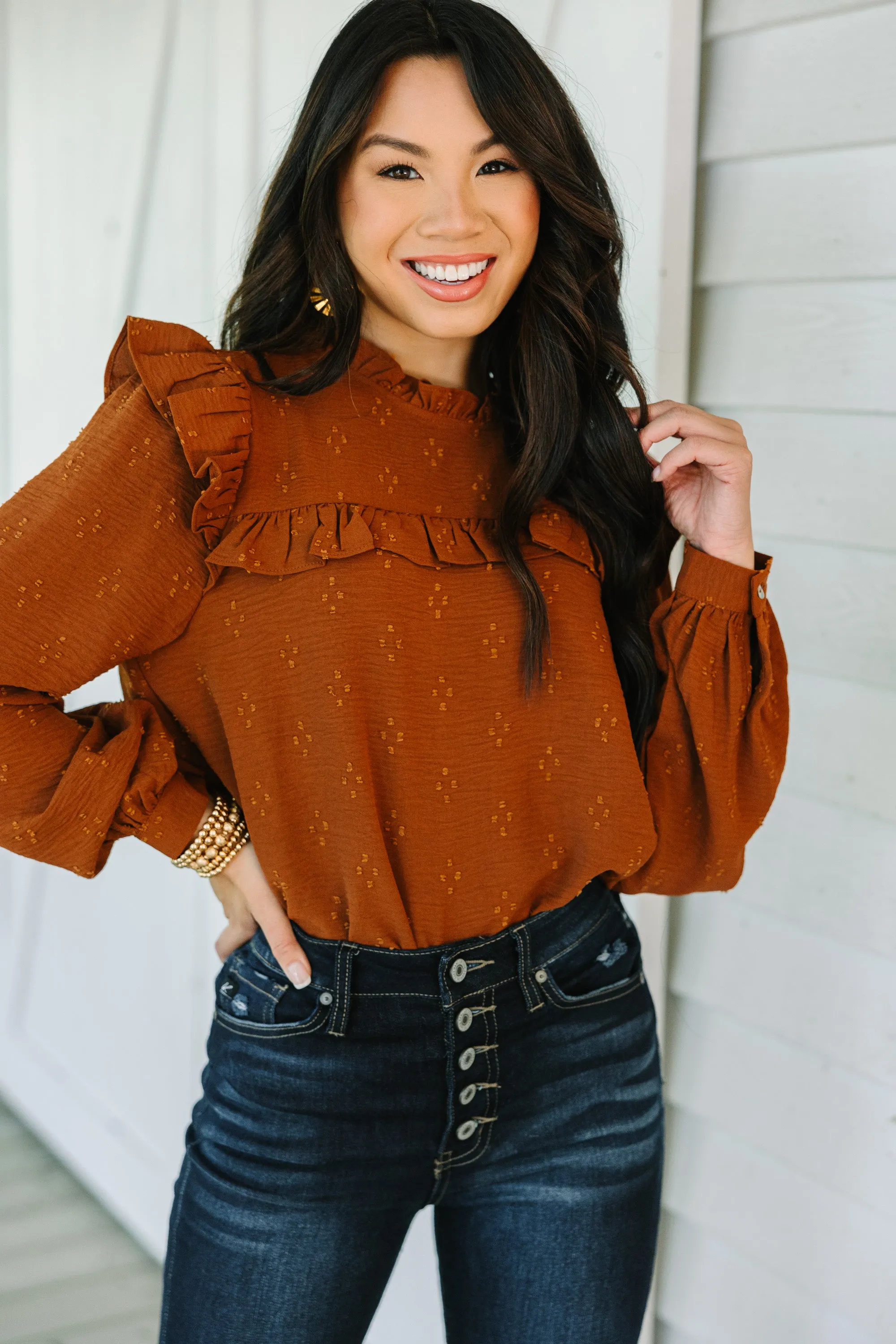 Romantic History Brown Ruffled Blouse