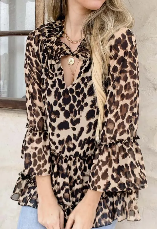 Ruffled Chiffon Tunic Top - Leopard