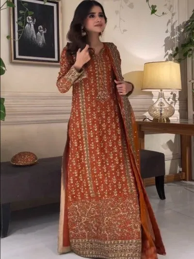 Rust Orange Georgette Heavy Sequence Work Wedding Wear Suit Set