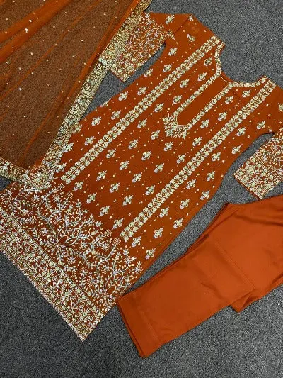 Rust Orange Georgette Heavy Sequence Work Wedding Wear Suit Set