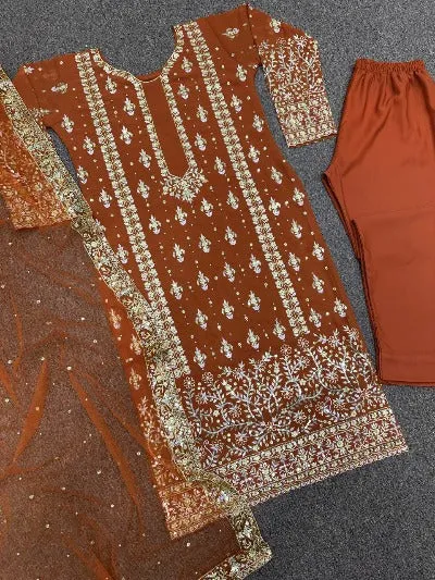 Rust Orange Georgette Heavy Sequence Work Wedding Wear Suit Set