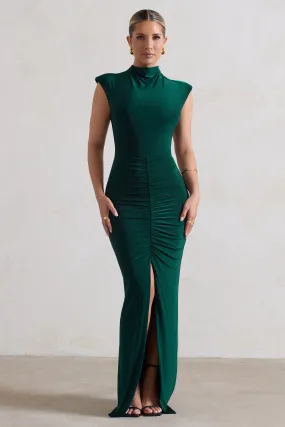 Samira | Bottle Green Ruched High-Neck Split Maxi Dress