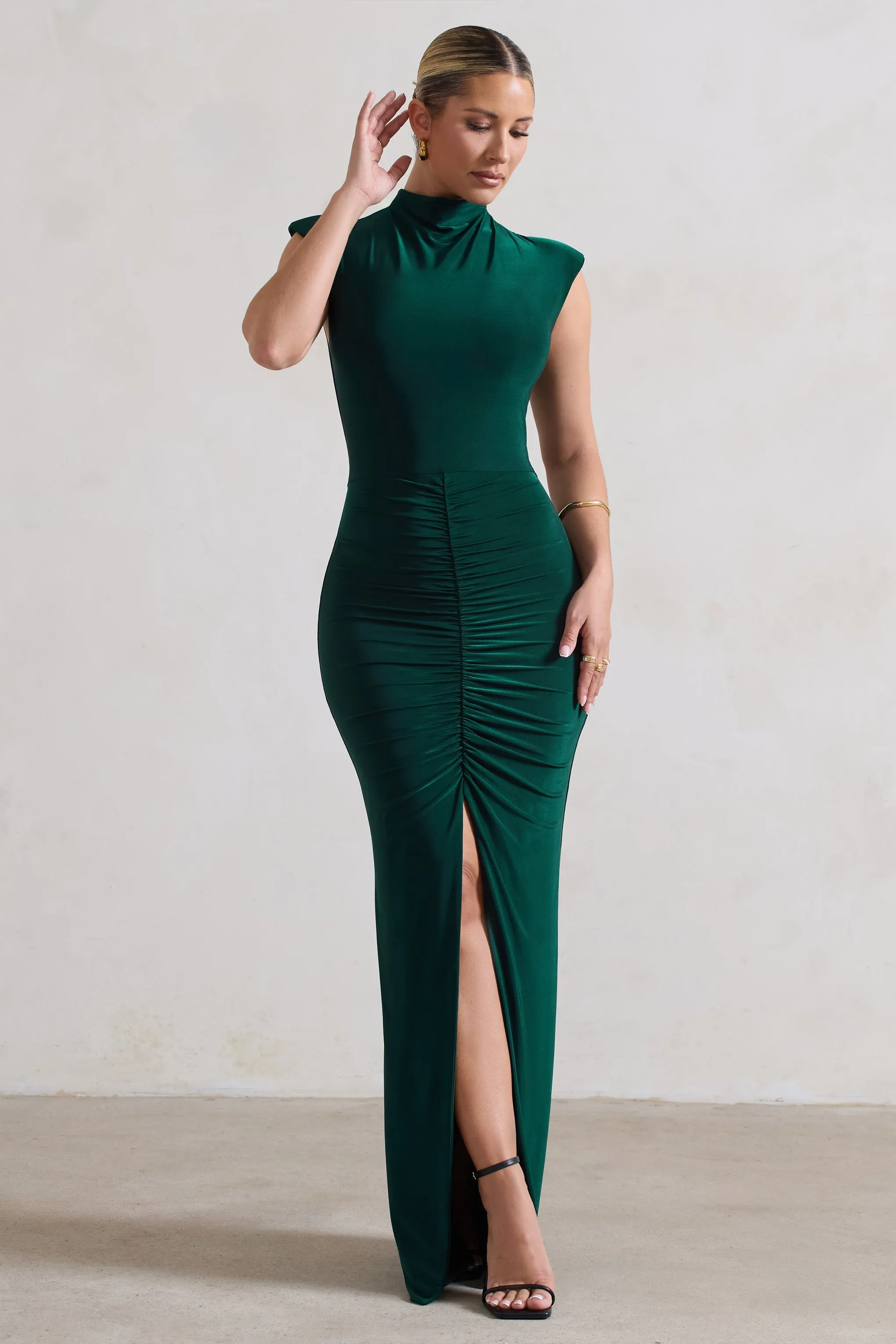 Samira | Bottle Green Ruched High-Neck Split Maxi Dress