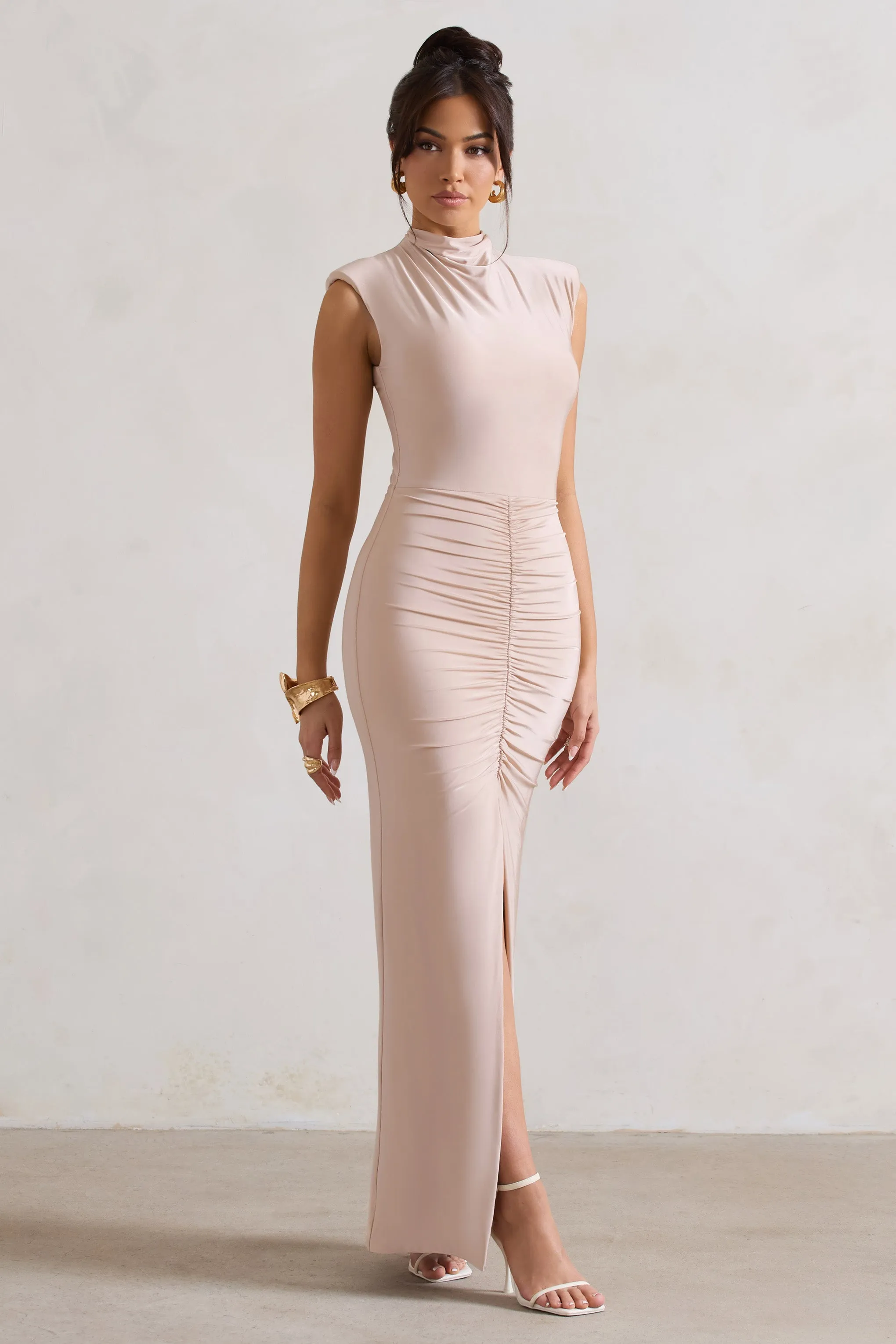 Samira | Champagne Ruched High-Neck Split Maxi Dress