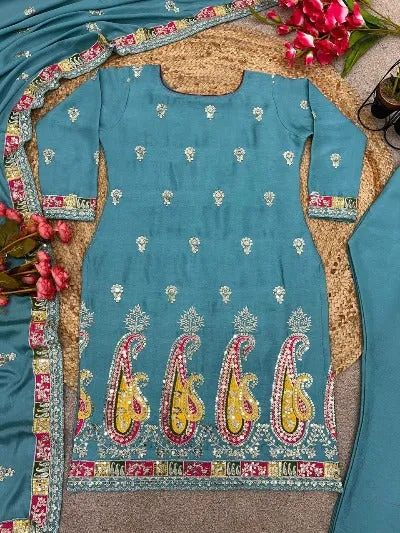 Sky Blue Chinnon Silk Heavy Embroidered Salwar Suit Set