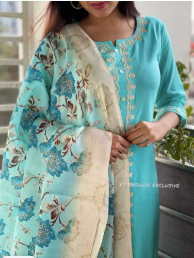 Sky Blue Cotton Handblock Salwar Suit Dupatta