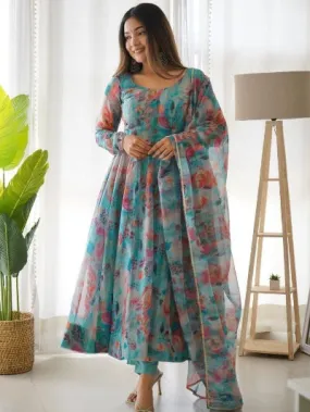 Sky Blue Organza Floral Anarkali With Pant Dupatta