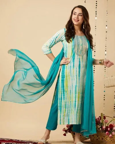 Sky Blue Tie Dye Rayon Straight Salwar Suit Set