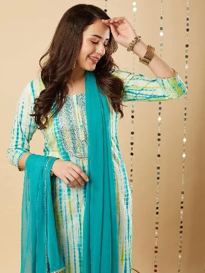 Sky Blue Tie Dye Rayon Straight Salwar Suit Set