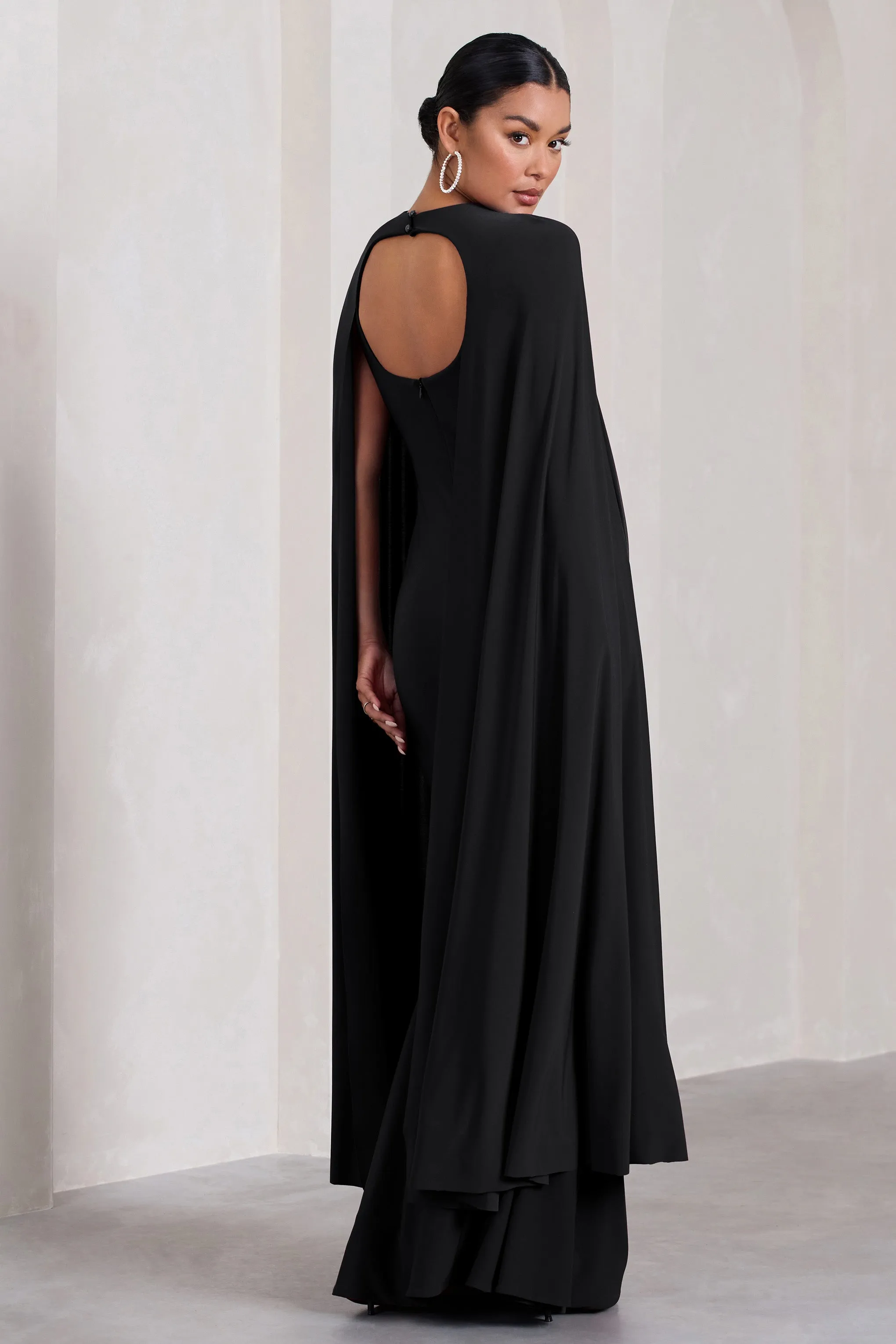 Standing Ovation | Black Plunge-Neck Cape Maternity Maxi Dress