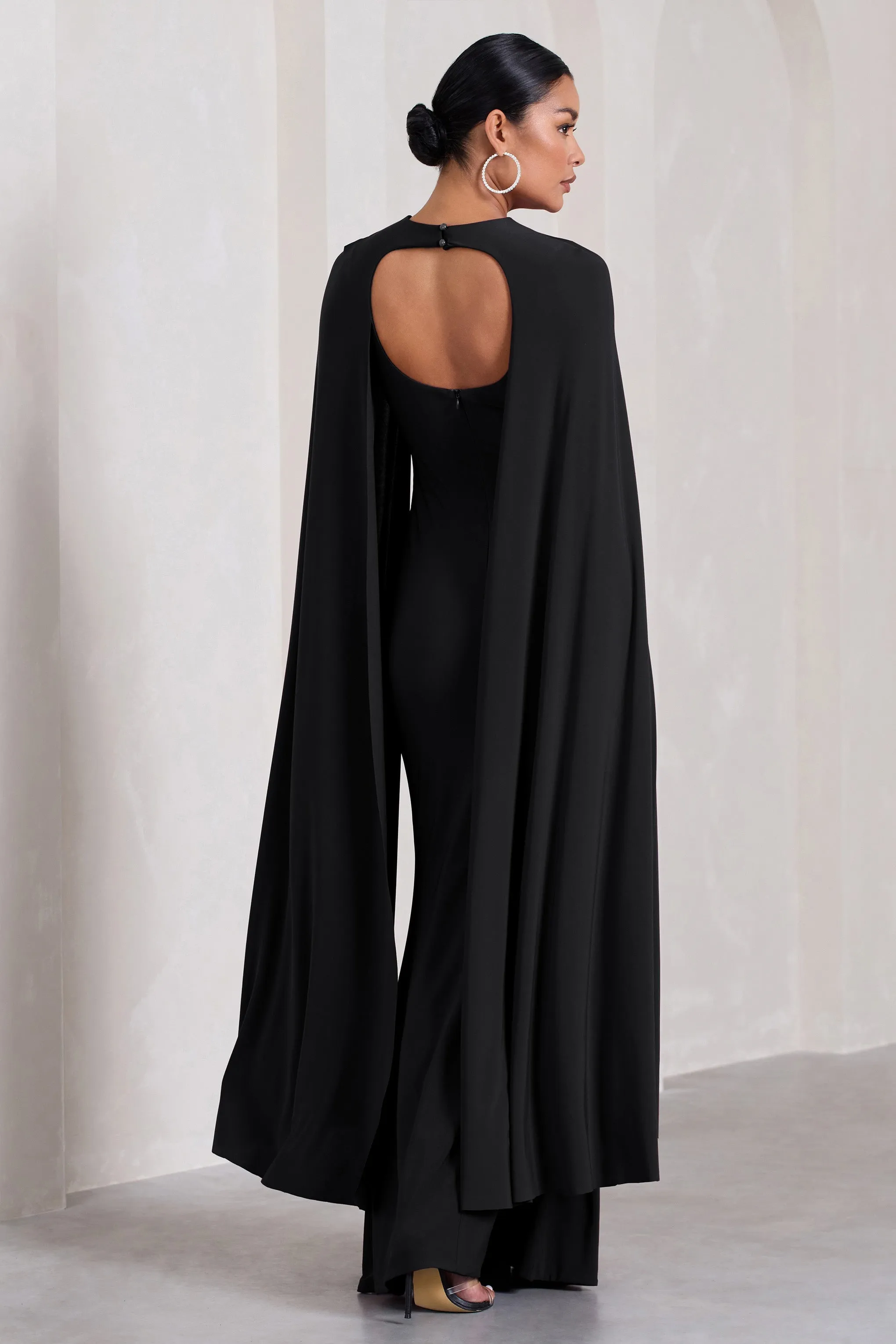 Standing Ovation | Black Plunge-Neck Cape Maternity Maxi Dress