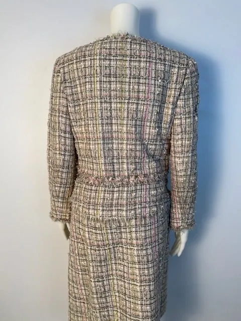 Vintage Chanel 05P, 2005 Spring Fantasy Tweed pink and green Skirt Suit Set with Jacket FR 42