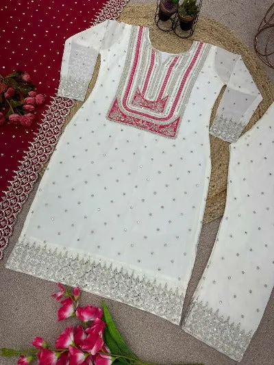 White Georgette Heavy Embroidered Salwar Suit With Red Dupatta