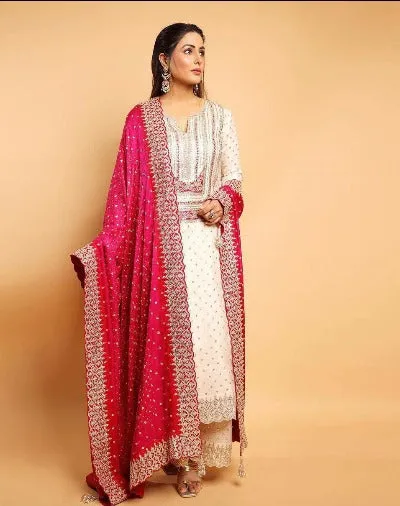 White Georgette Heavy Embroidered Salwar Suit With Red Dupatta