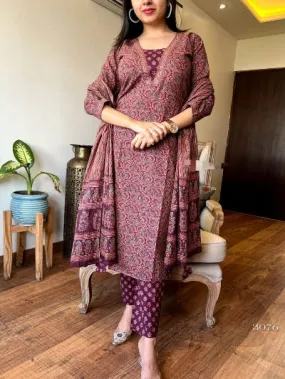 Wine Cotton Handblock Ajrakh Printed Salwar Suit Set