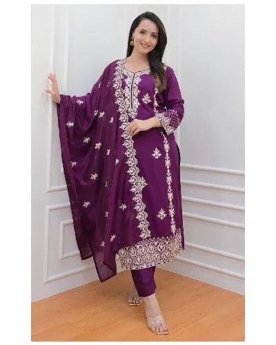 Wine Embroidered  Rayon Salwar Suit Set