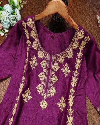 Wine Embroidered  Rayon Salwar Suit Set