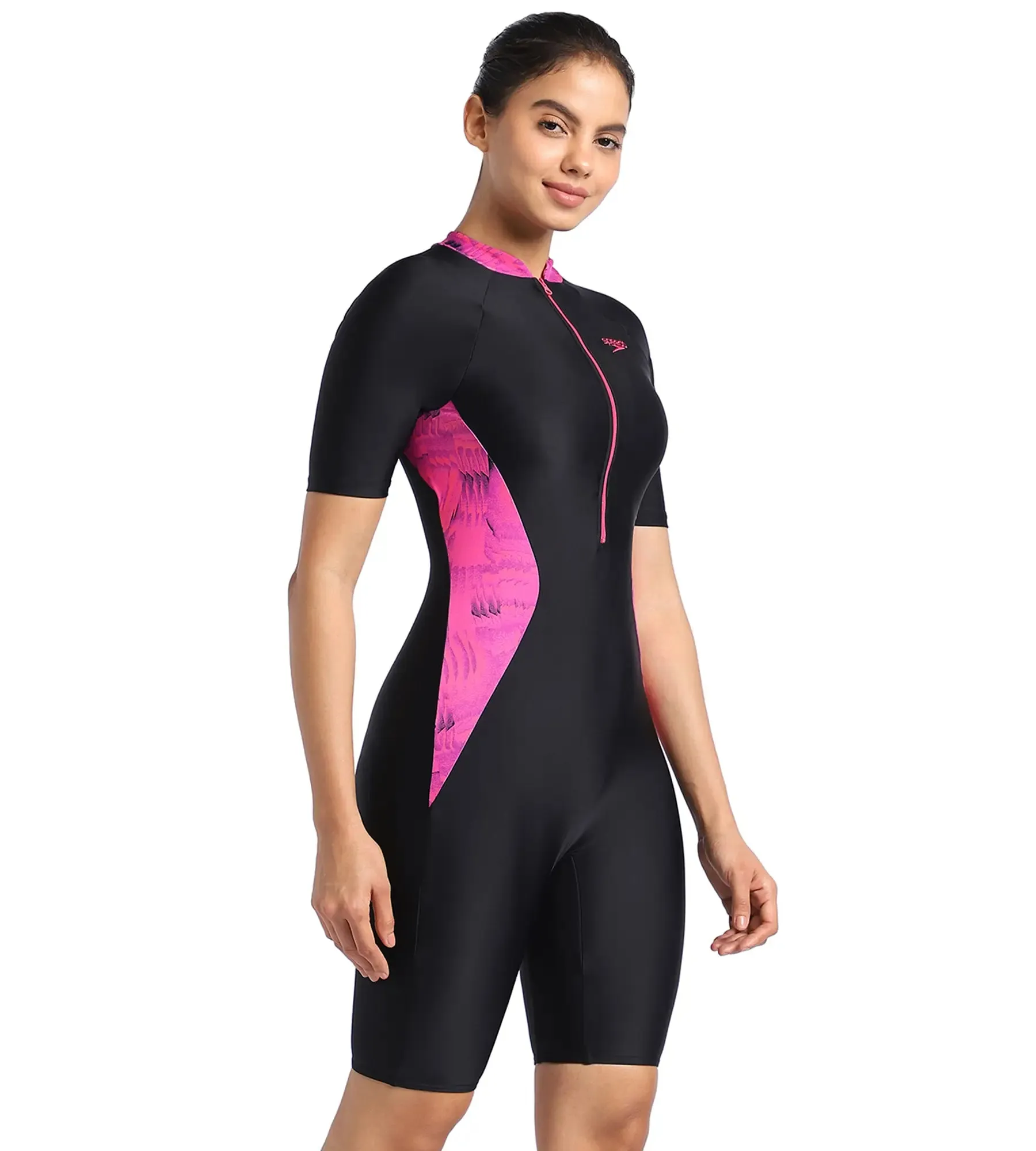 Women's Endurance Essential Panel Printed Kneesuit Swimwear  - Black  &  Wineberry