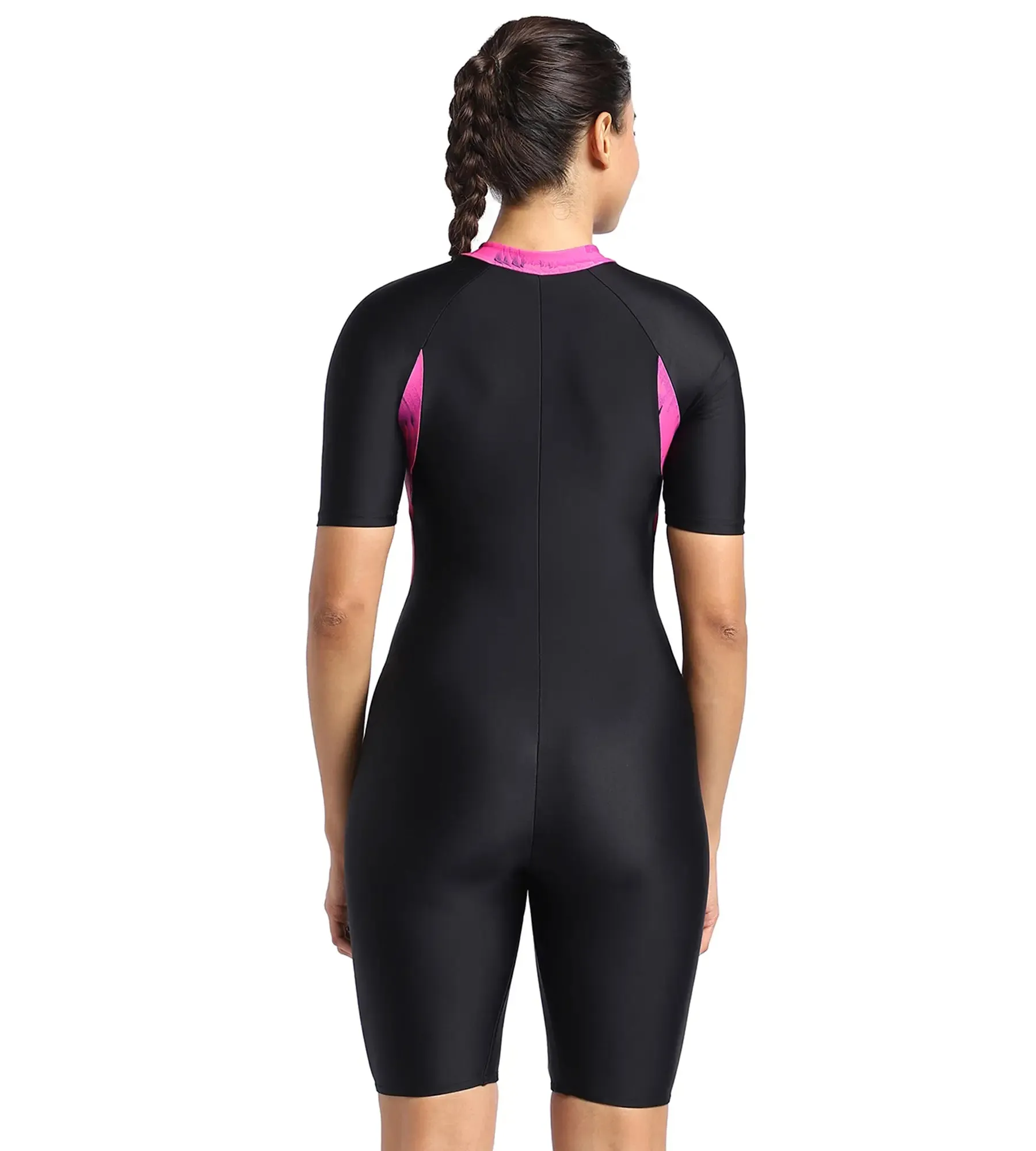 Women's Endurance Essential Panel Printed Kneesuit Swimwear  - Black  &  Wineberry