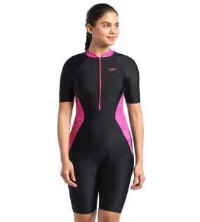 Women's Endurance Essential Panel Printed Kneesuit Swimwear  - Black  &  Wineberry