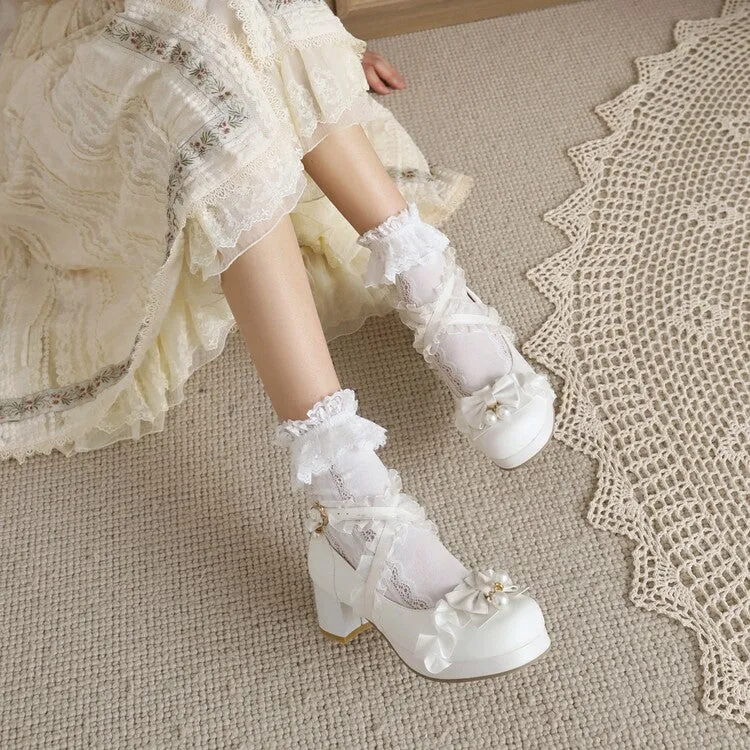 Women's Lace Bow Tie Pearls Block Heel Platform Pumps