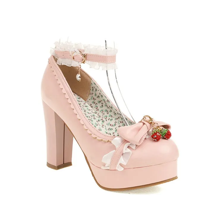 Women's Lolita Lace Pearls Bow Tie Chunky Heel Platform Pumps