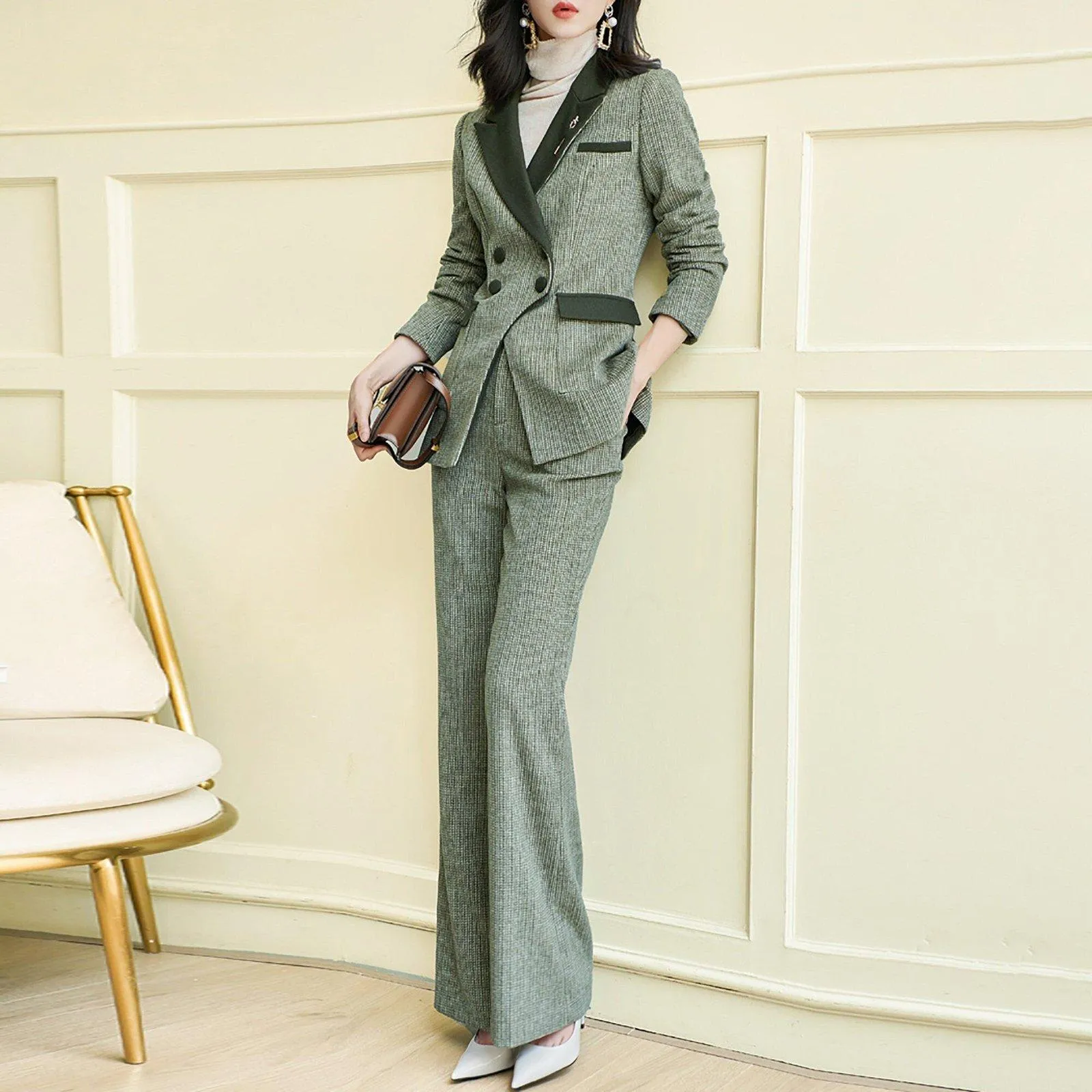 Wool Blend Two Tone Double Breasted Blazer & Flare Pants Set