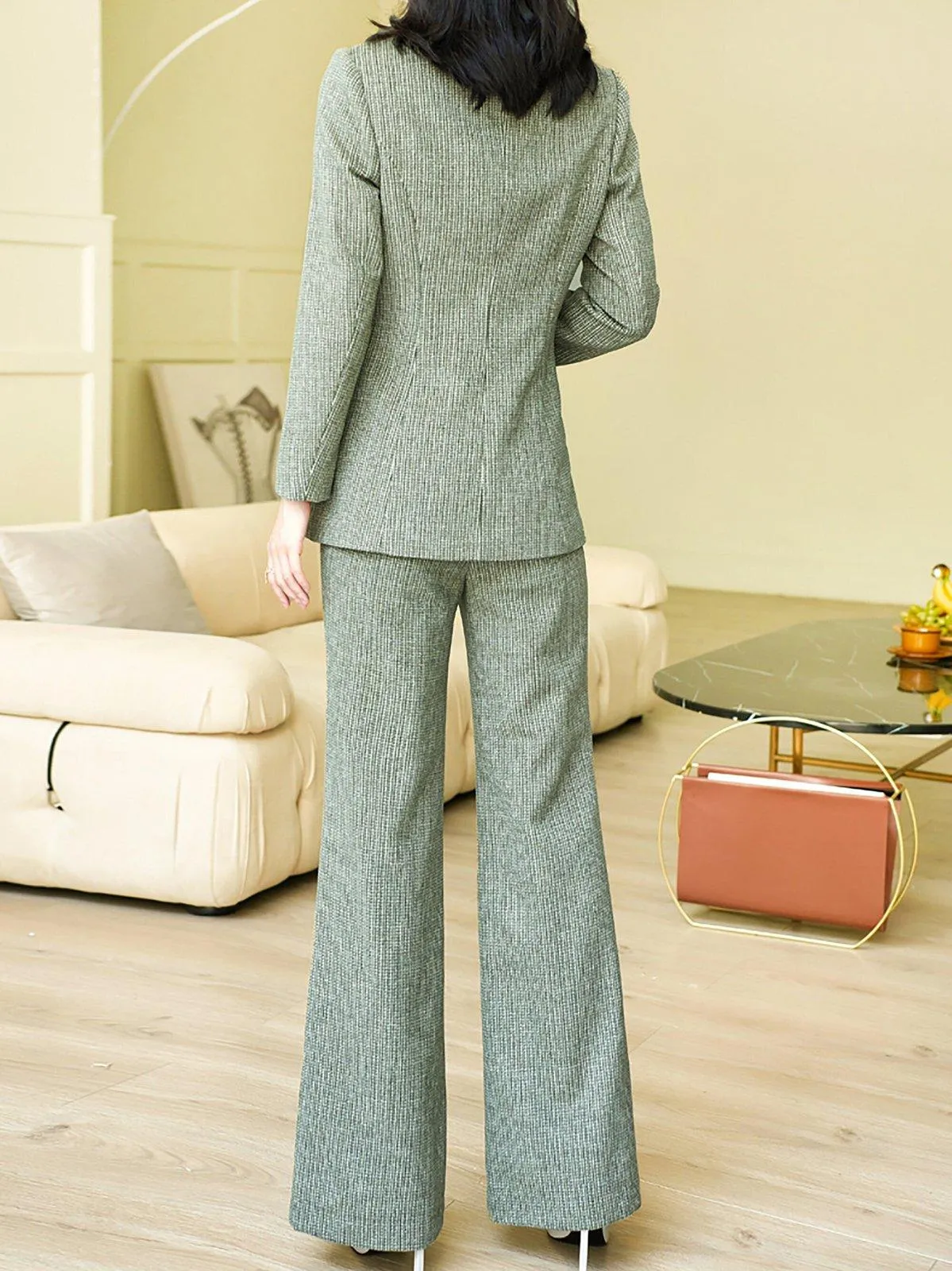 Wool Blend Two Tone Double Breasted Blazer & Flare Pants Set