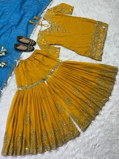 Yellow Georgette Embroidered Partywear Sharara Suit