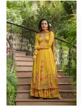 Yellow Muslin Anarkali Flared Salwar Suit Dupatta