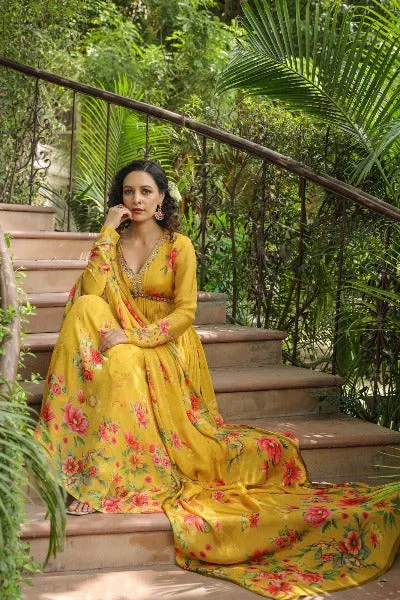 Yellow Muslin Anarkali Flared Salwar Suit Dupatta