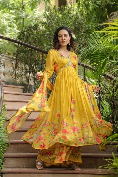 Yellow Muslin Anarkali Flared Salwar Suit Dupatta