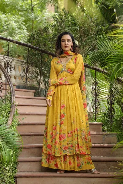 Yellow Muslin Anarkali Flared Salwar Suit Dupatta