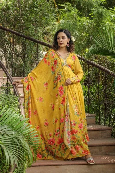 Yellow Muslin Anarkali Flared Salwar Suit Dupatta