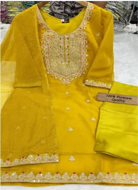 Yellow Pure Organza Embroidered Salwar Suit Set