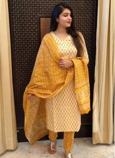 Yellow Saganeri Block Print Cotton Salwar Suit Set